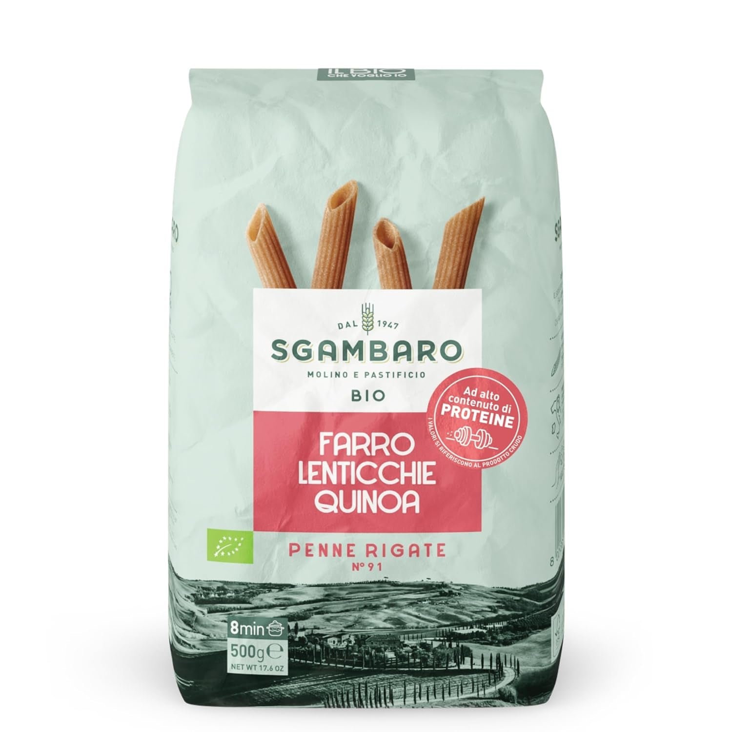 Økologisk Penne Rigate Pasta N.91 - 500g med speltmel, linsemel og quinoamel - Rig på protein, kilde til fiber og protein