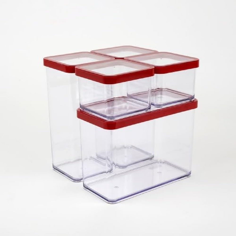 Rotho Loftsæt med 5 opbevaringskrukker med låg, forskellige størrelser, madplast (PP) BPA-fri, gennemsigtig/rød, (21,4 x 21,4 x 23,5 cm) Naty Shop madopbevaringsbokse Sæt med 5 (1X 2,1L + 2X 1,5L + 2X 0,5L)