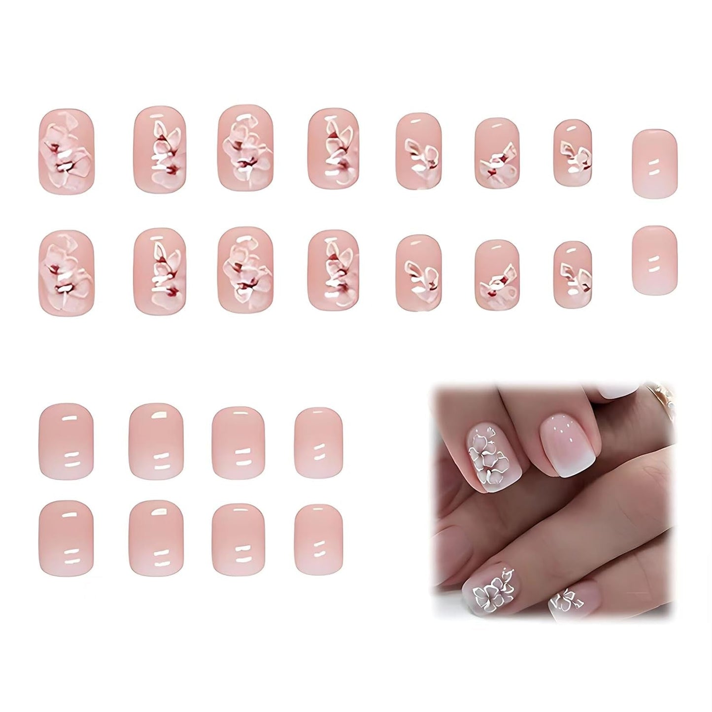 24 stk hvid firkantet lim på korte negle Pink gradient blomstermønster Tryk på negle Kunstige negle kunstige negle kunst franske firkantede negle kunstige negle til kvinder