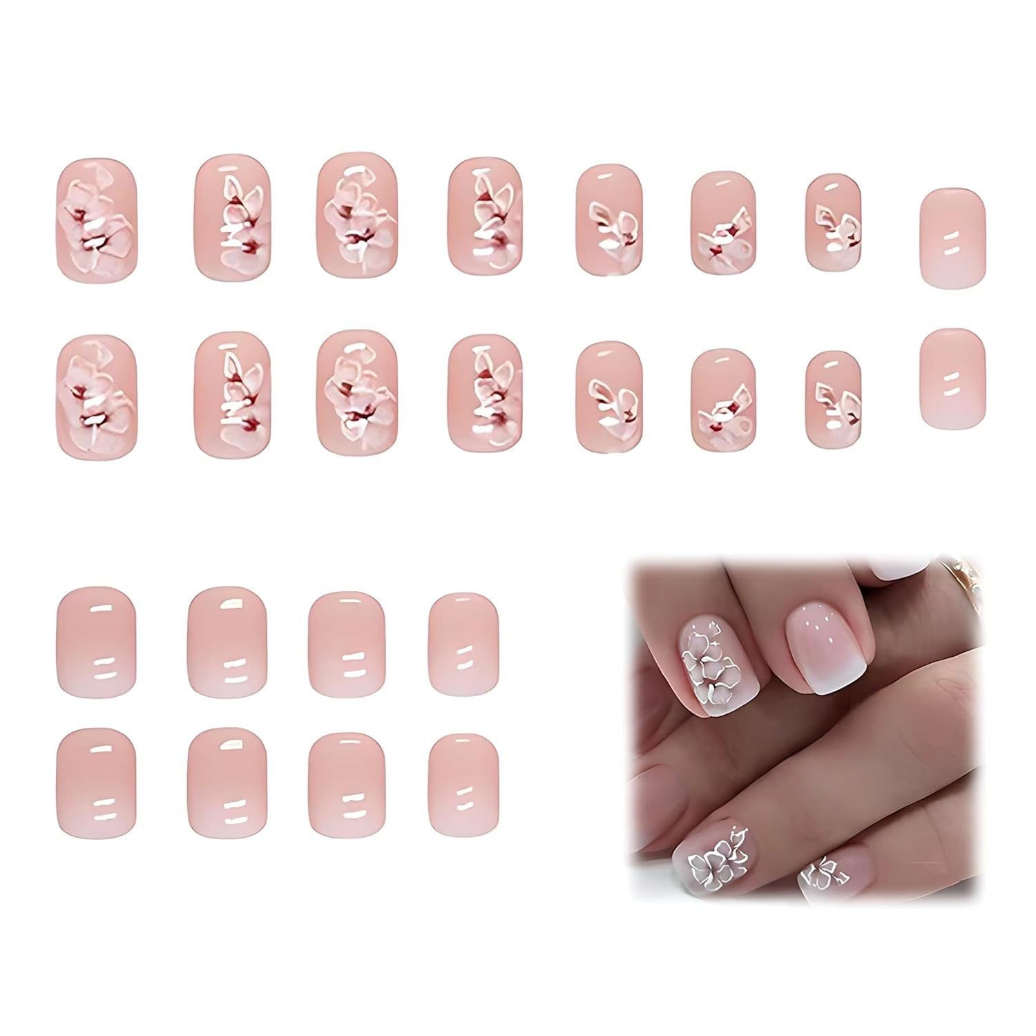 24 stk hvid firkantet lim på korte negle Pink gradient blomstermønster Tryk på negle Kunstige negle kunstige negle kunst franske firkantede negle kunstige negle til kvinder