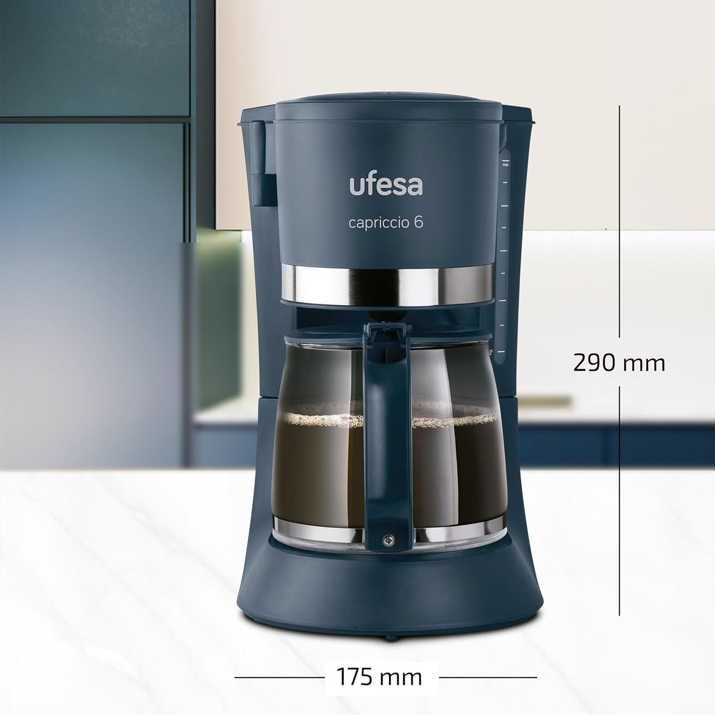Ufesa CG7114 Capriccio filterkaffemaskine, 6 kopper, 600W, kande 0,6L, anti-dryp system, automatisk sluk, blå