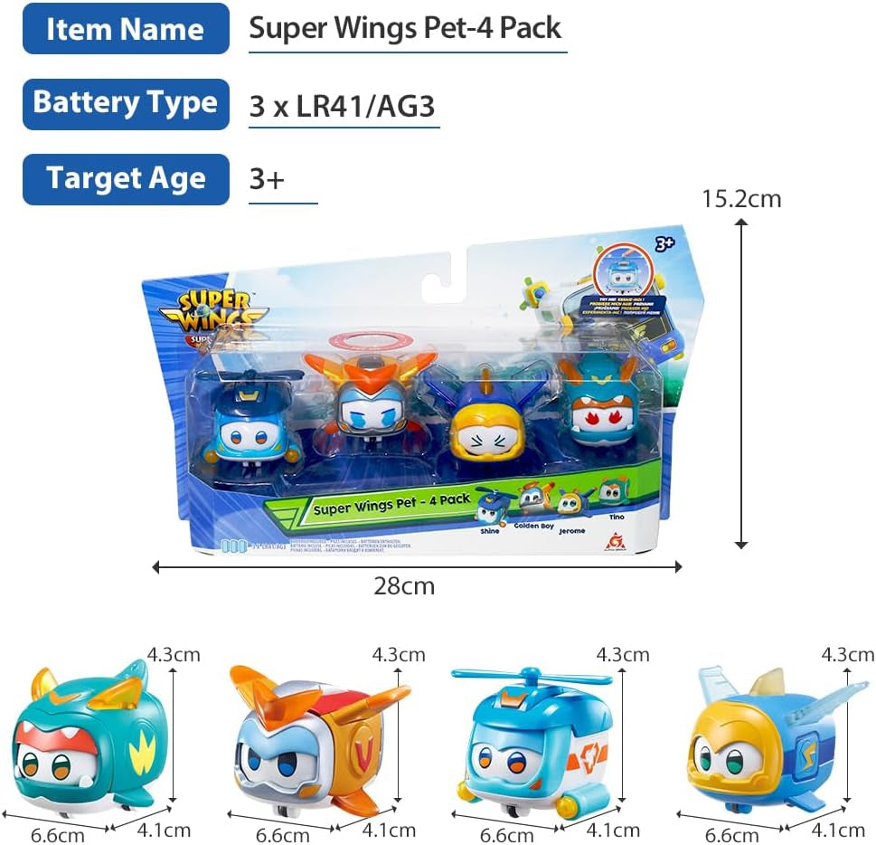 Super Wings Super Pets 4 STK Shine, Golden Boy, Jerome, Ellie Skiftbart ansigtsudtryk Lyneffekt Bærbart legetøj til 3 4 5 6 7 8 år gammel dreng Pige 2 tommer actionfigurer Naty Shop