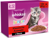 Whiskas Junior Classic Selection våd kattefoder i sauce, 48 poser, 12 x 85 g (pakke med 4) - Højkvalitets vådfoder til katte i vækst, 2 til 12 måneder