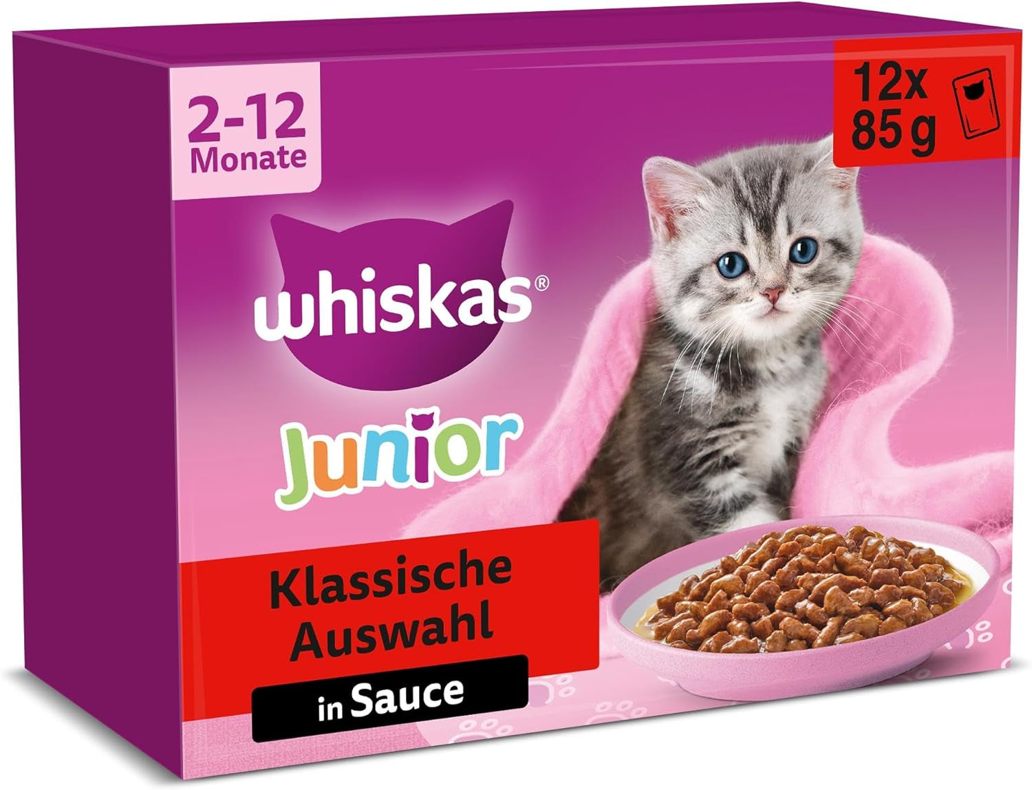 Whiskas Junior Classic Selection våd kattefoder i sauce, 48 poser, 12 x 85 g (pakke med 4) - Højkvalitets vådfoder til katte i vækst, 2 til 12 måneder