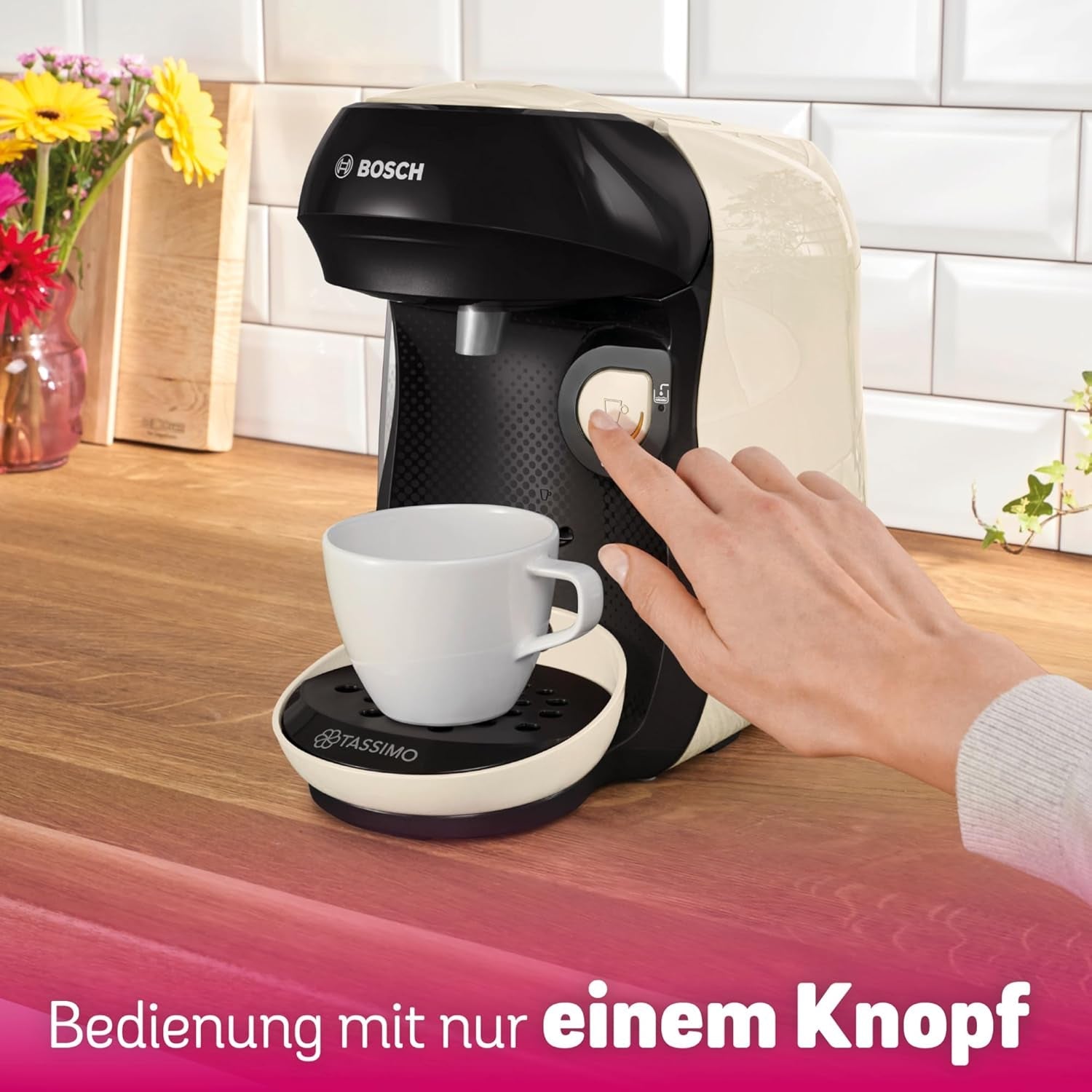 Bosch Tassimo Happy Friendly TAS107E Kapsel Espressomaskine, 70+ drikkevarer, velegnet til alle kopper, Auto-Stop, Bæredygtig, Perfekt Dosering, Pladsbesparende, 1400W, Creme/sort