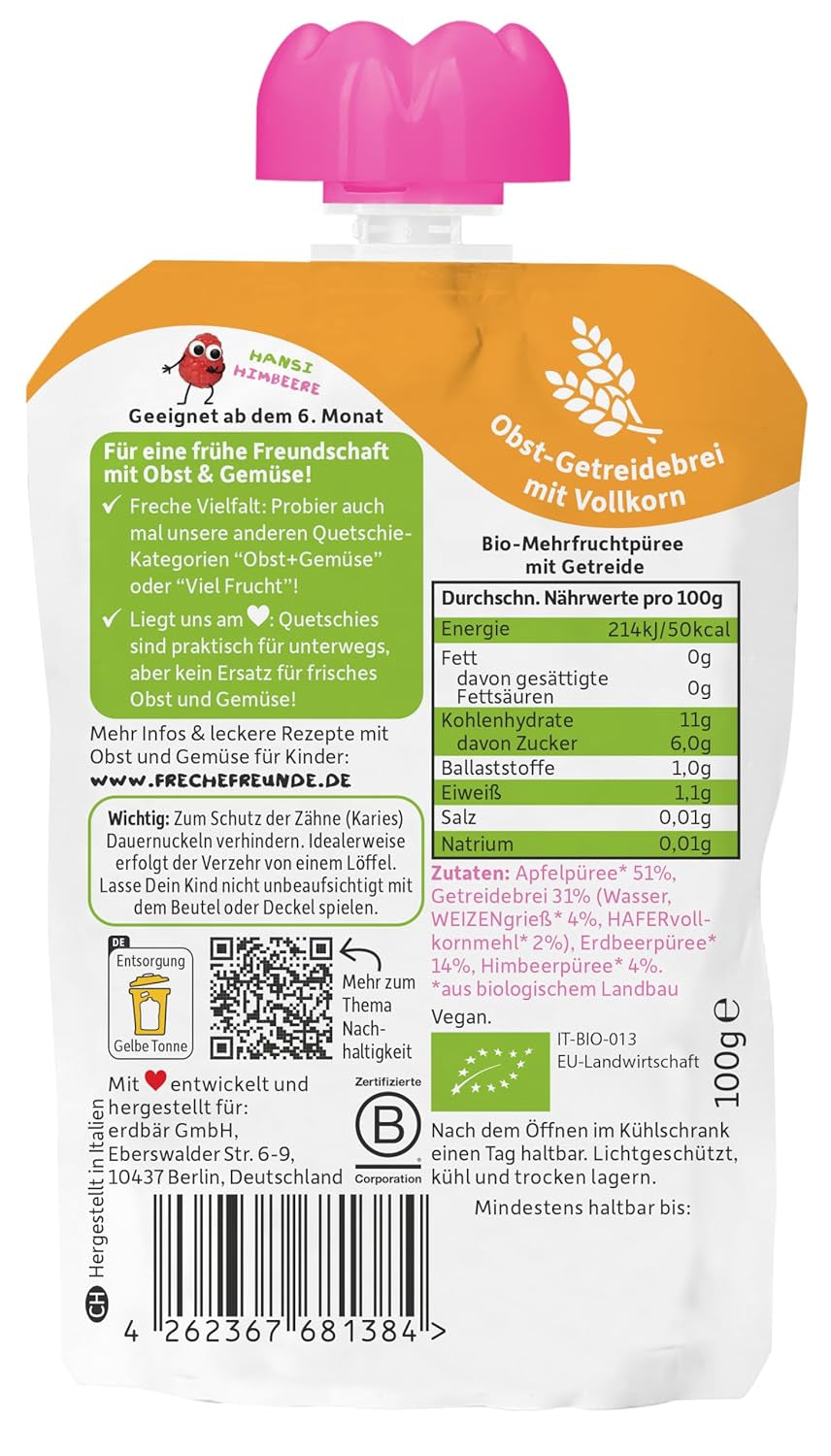 FRECHE FREUNDE Bio Quetschie Apple, Erdbeere, Himbeere mit Grieß, Fruchtmus mit Getreide i Quetschbeutel für Babies fra 6. Måned, vegansk, 6er Pack (6 x 100g)