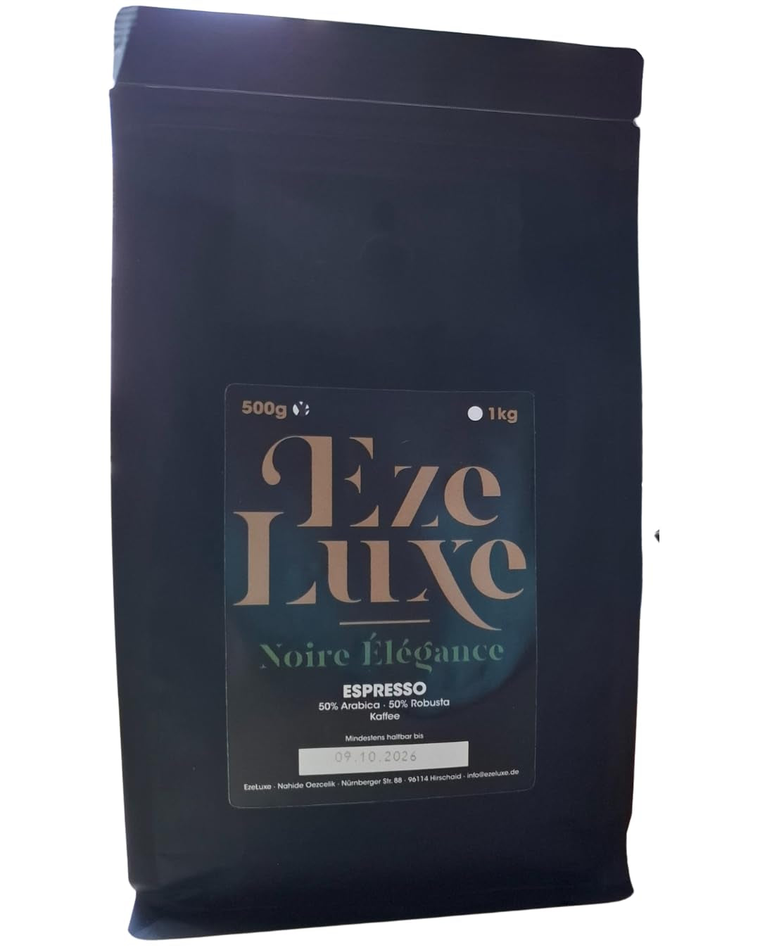 Kaffe Espresso Noire Elegance 500g – 50% Arabica og 50% Robusta fra Brasilien og Indien – mellemristet, kraftig og cremet med mørk chokolade – intensitet 8 – inkl. gratis espressomaskine