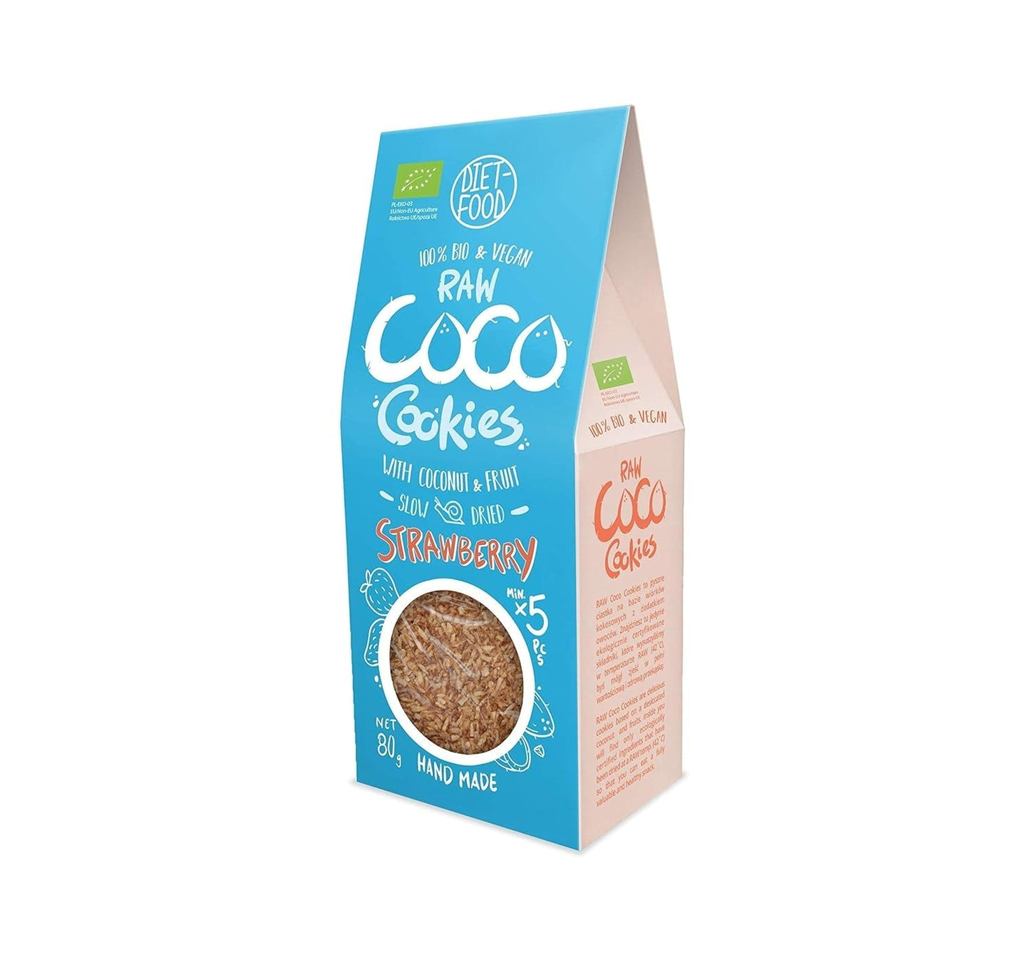 DIET-MAD Økologiske småkager med kokoschips og jordbær Sund snack Lækre småkager til kontoret, uden konserveringsmidler 80 g (1 pakke)