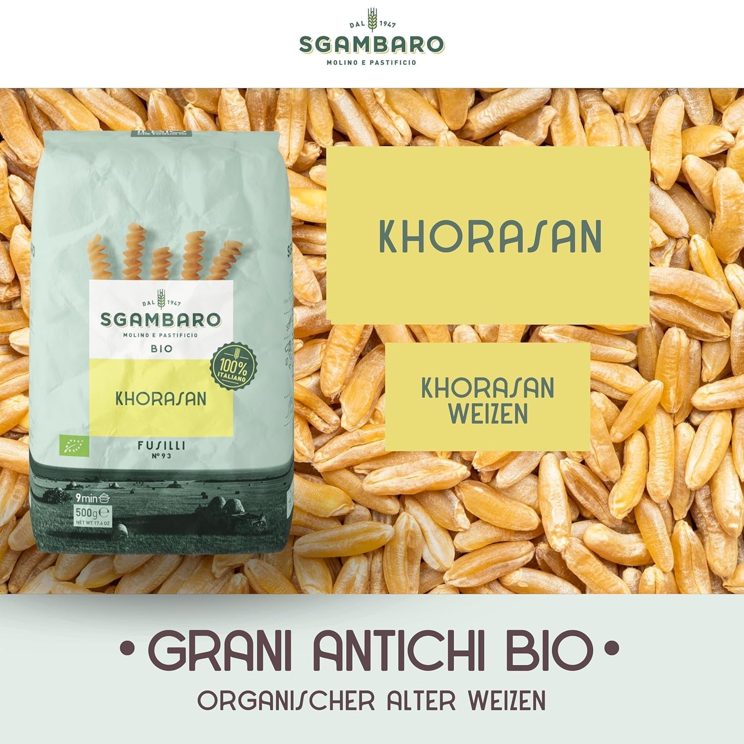 Økologisk Fusilli Pasta nr. 93 - 500g Khorasan hvede - Oldtidens hvede, høj i protein, 100% dyrket i Italien - Alsidig i køkkenet og rig på næringsstoffer
