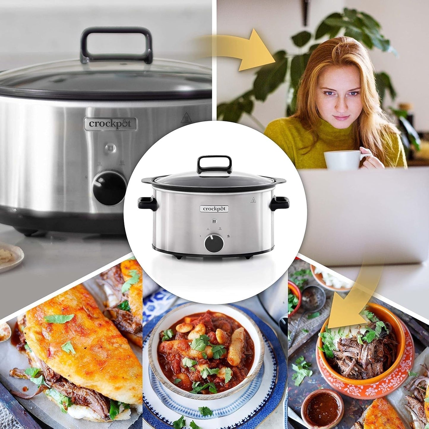 Slow cooker Crockpot,| 3,5 liter (3-4 personer), beholder til bruning af kød og grøntsager, rustfrit stål Slow Cooker Naty Shop