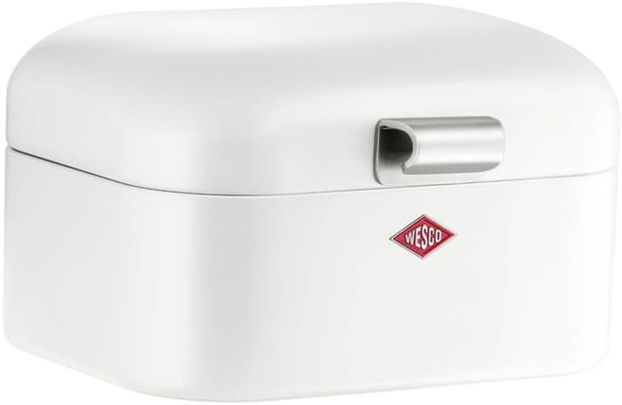 Wesco Mini Grandy brødbeholder i pink, pulverlakeret stålplade, ventilationshuller og robuste håndtag til opbevaring af madkasser Naty Shop White