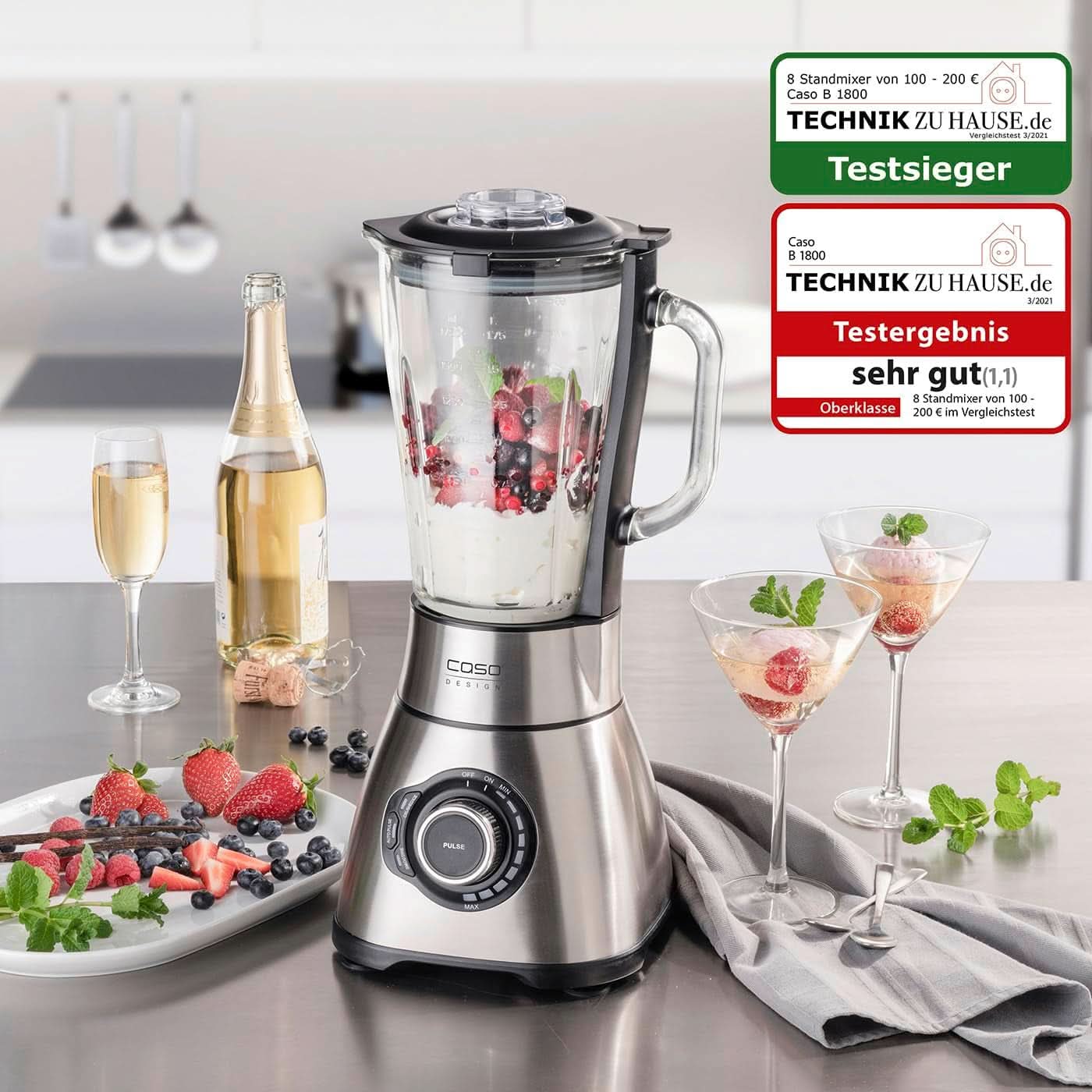 CASO B 1800 Powerblender-Set - Standmixer, 28.000 U/Min, Glasbeholder 1,75 L, Inkl. Trinkflasche Und Zerkleiner, Mixer Testsieger Mit Sehr Gut, Edelstahl Naty Shop