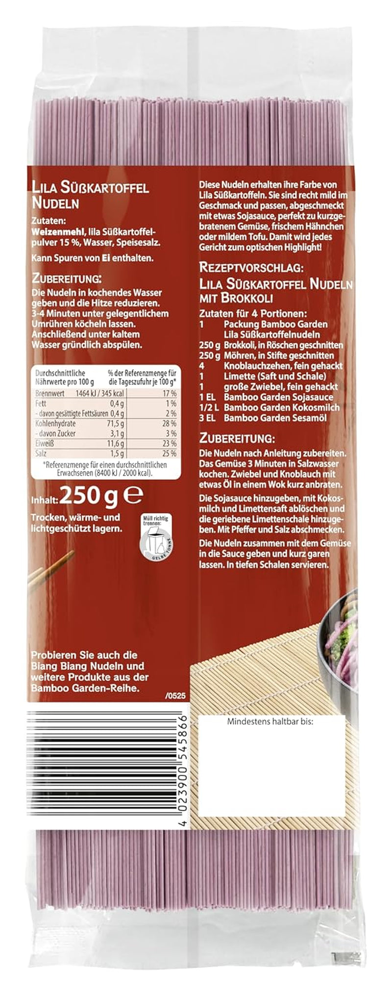 Bamboo Garden - lilla søde kartoffelnudler | Tynde nudler med en mild nøddesmag | Ideel til skåle og salater | Hurtig at forberede 250 g pose