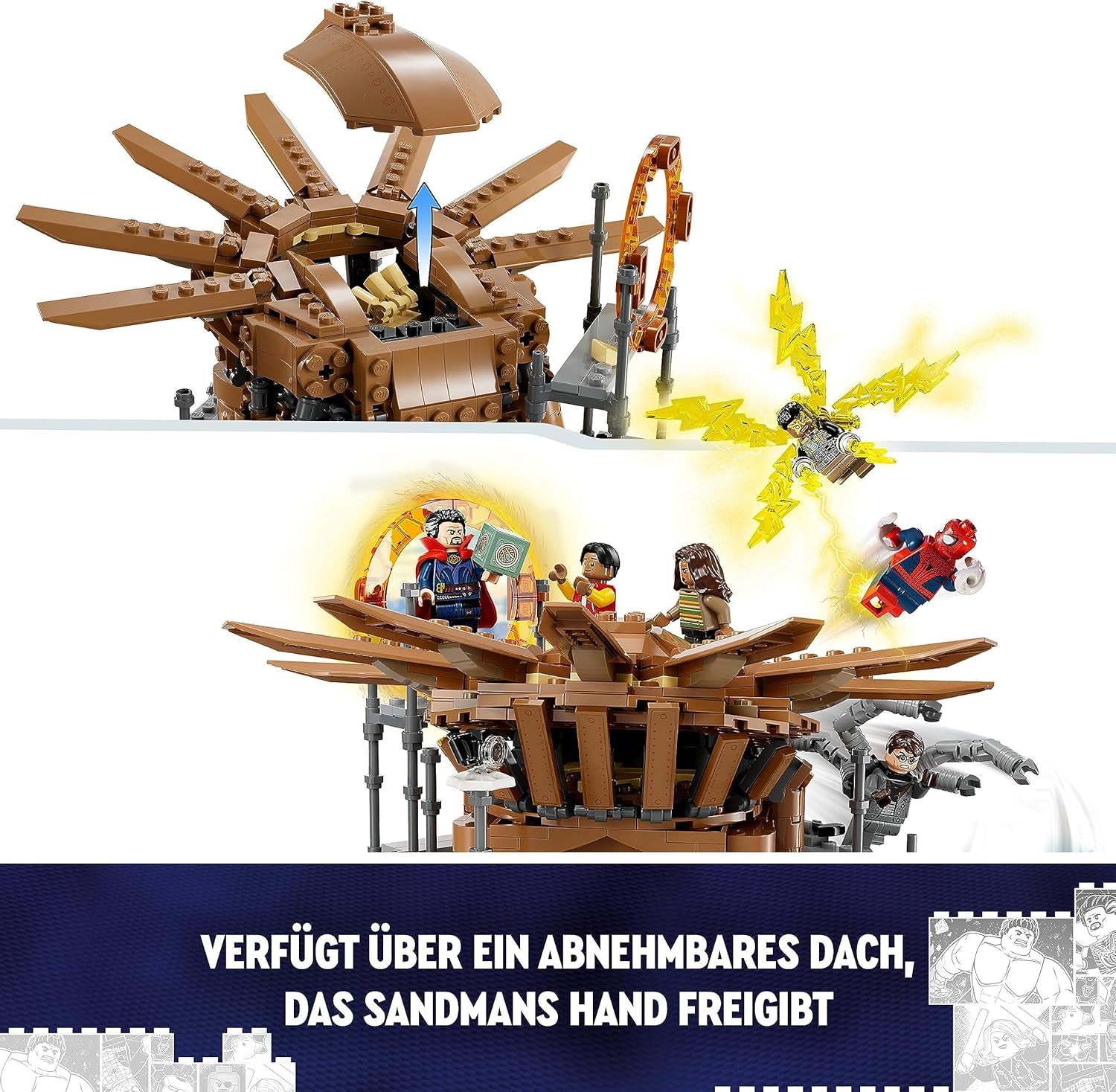 LEGO 76261 Marvel Spider-Man's Big Showdown, Spider-Man: No Way Home sæt med 3 minifigurer Peter Parker plus Green Goblin, Electro, Sandman, Ned, Doctor Strange og MJ, samlermodel Byggesæt Besuche den LEGO-Store