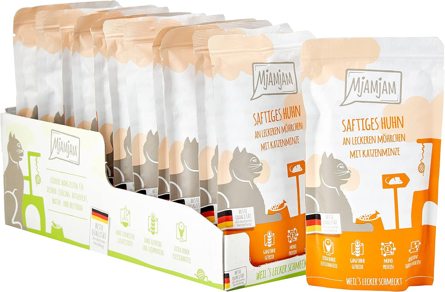 MjAMjAM - Premium våd kattefoder - Trykbar pose - Saftig kylling med lækre gulerødder 12-pak (12 x 125 g) Kornfri med ekstra kød