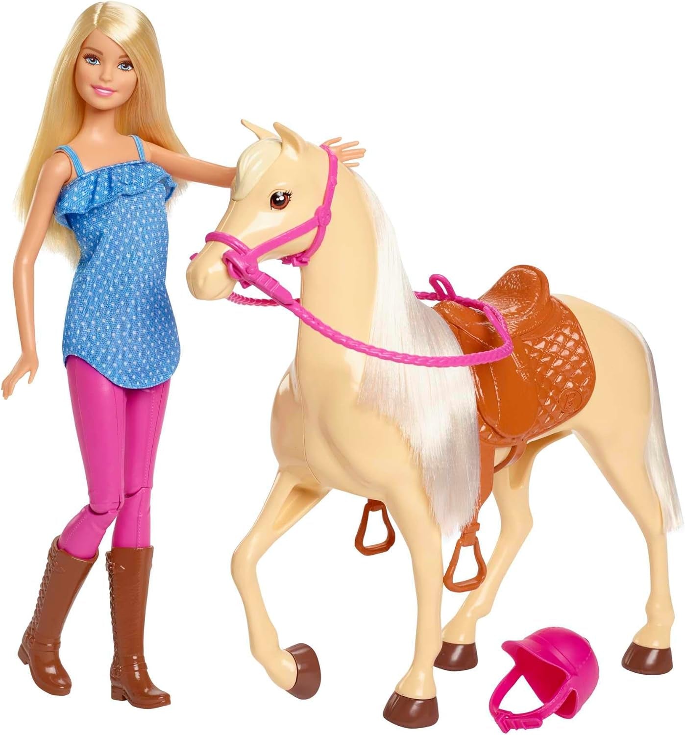 Barbie dukke og hestelegetøj, ridetilbehør, inkluderer 1 dukke og 1 hest, velegnet som gave til børn fra 3 år og derover, FXH13