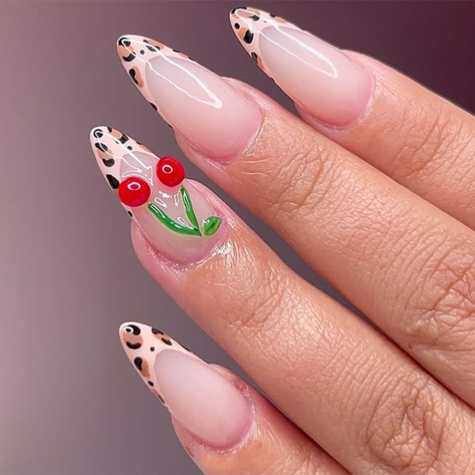 Moonglow Lange Negle Stiletto Mælkehvid Pink Gradient Glitter Cool falske negle med lim Pink Ombre Glitter Kunstige negle