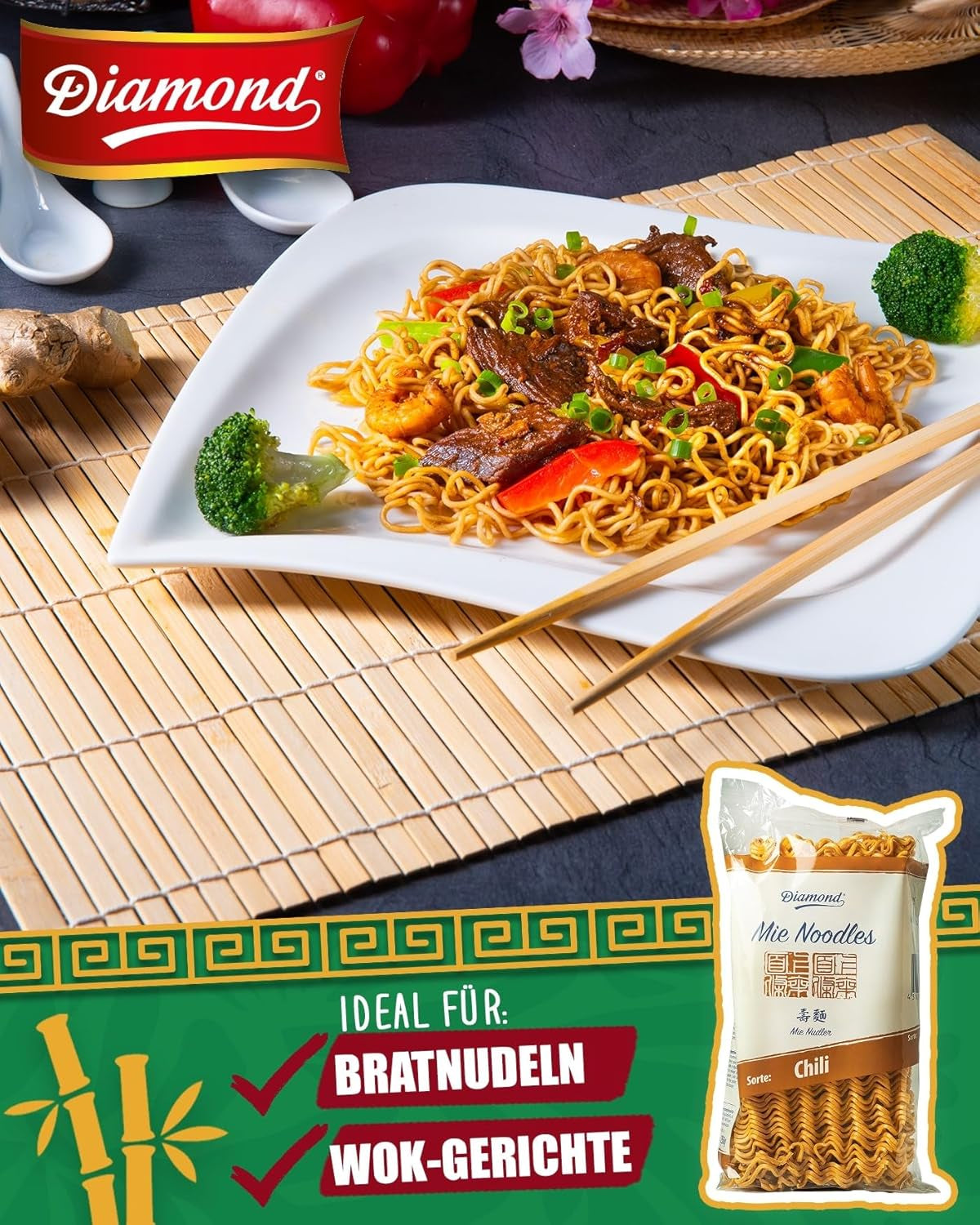 DIAMOND Mie Chili Nudler, hvedenudler med chilipulver, ægfri, hurtig og nem, vegetarisk - 1 x 250 g