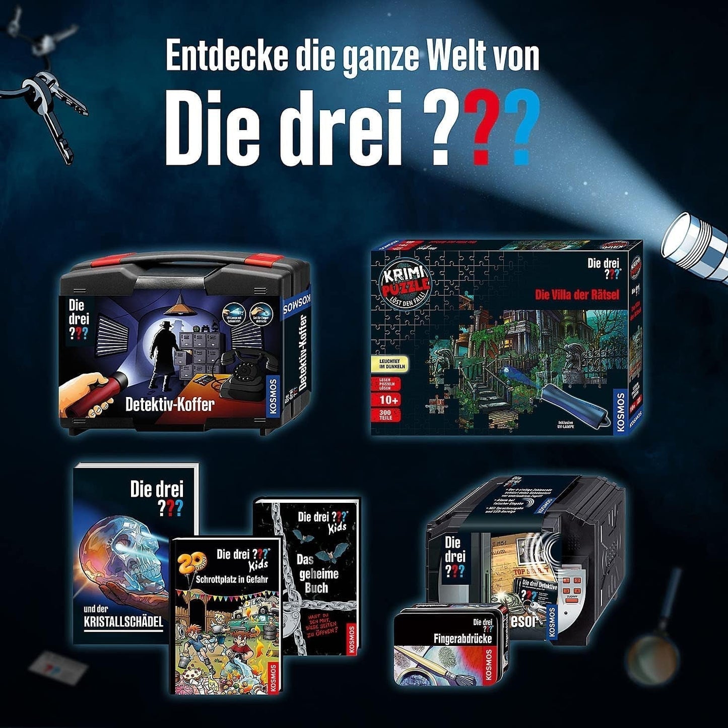 De tre??? - Forbrydelsespuslespil - Gådernes villa Af KOSMOS 697976, 300 stykker, Glød i mørket, Med UV-lampe, Læsning, Puslespil, Gådeløsning, Detektivpuslespil Fra 10 år Puslespil Naty Shop