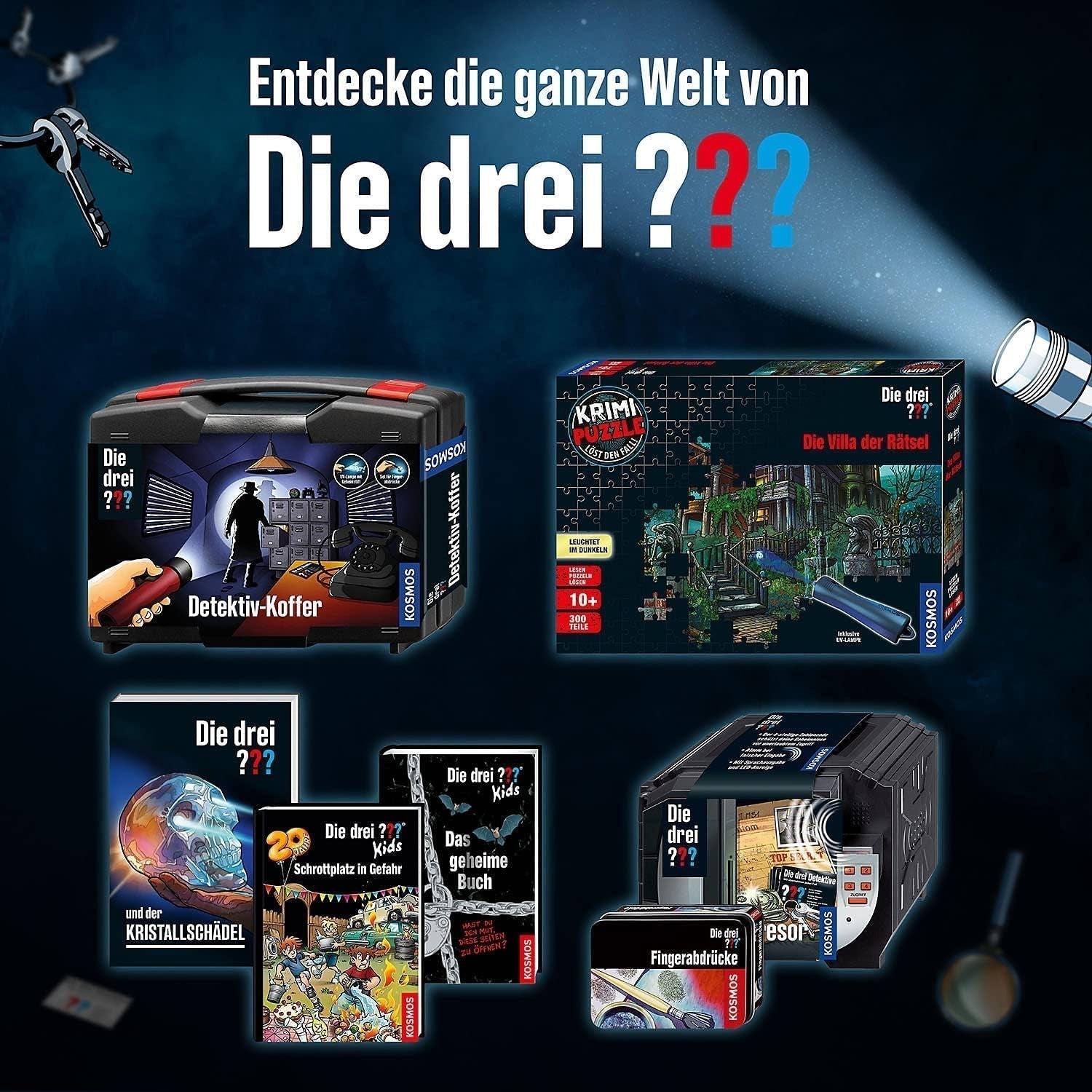 De tre??? - Forbrydelsespuslespil - Gådernes villa Af KOSMOS 697976, 300 stykker, Glød i mørket, Med UV-lampe, Læsning, Puslespil, Gådeløsning, Detektivpuslespil Fra 10 år Puslespil Naty Shop