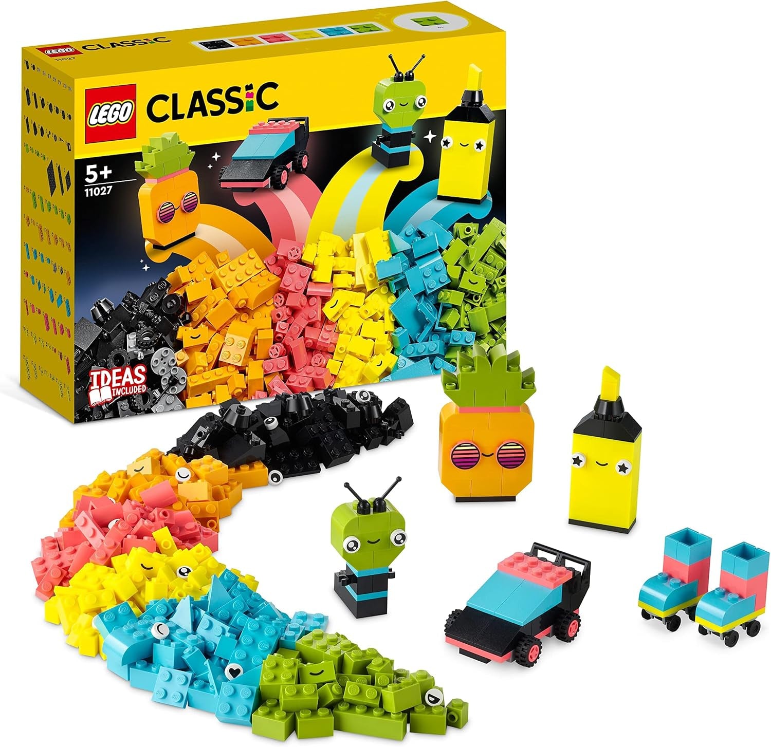 LEGO 11027 Classic Neon Creative Byggesæt, Brick Box Set, Byggelegetøj med modeller: bil, ananas, alien, rulleskøjter, figurer og mere, til børn fra 5 år Byggesæt Besuche den LEGO-Store Single