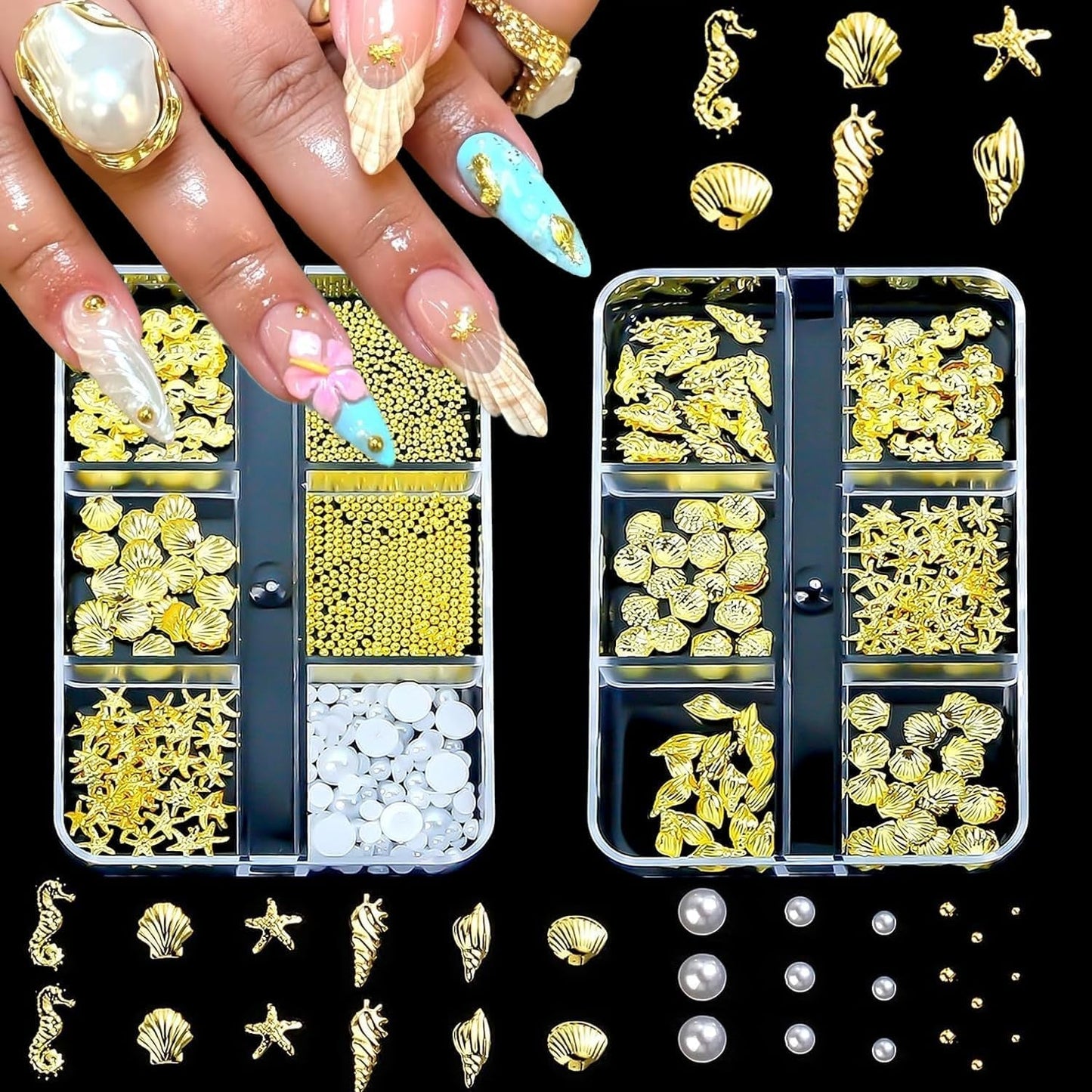 Nail Charms,6 Boxen Gold Silber Nagel Charms 3D Gold Bogen Stern Nail Art Dekoration+6200 Strasssteine ​​Bunt Steine ​​​​AB Perlen Diamanten,3D Legierung Bow Nail Gems Nagel Deko Für Frauen Nagel (6-A)