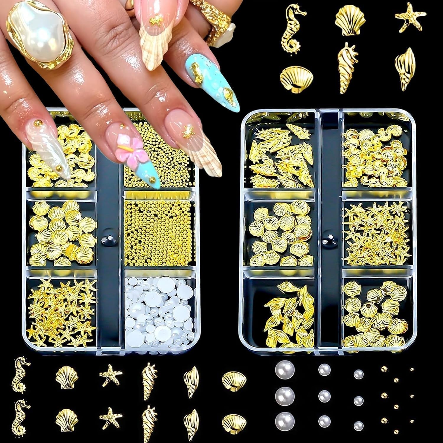 Nail Charms,6 Boxen Gold Silber Nagel Charms 3D Gold Bogen Stern Nail Art Dekoration+6200 Strasssteine ​​Bunt Steine ​​​​AB Perlen Diamanten,3D Legierung Bow Nail Gems Nagel Deko Für Frauen Nagel (6-A)
