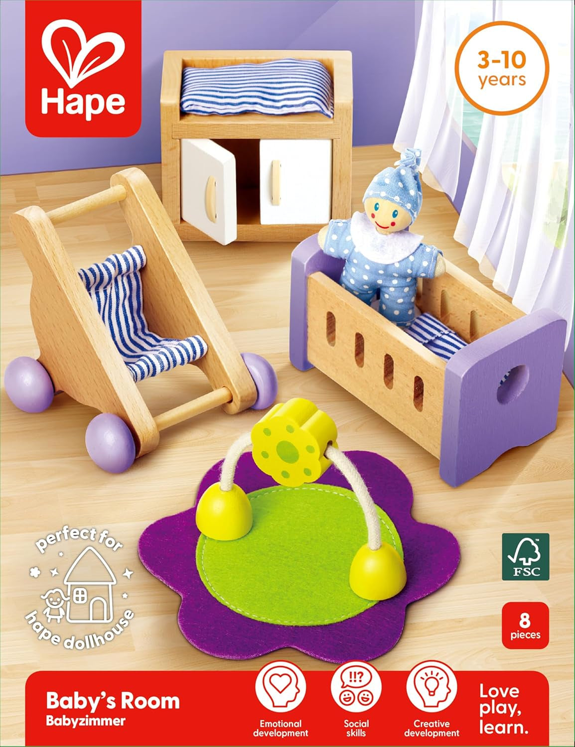 Hape babyværelse - trædukkeværelsessæt, babydukkemøbler, tilbehør til småbørn dukkehus, miniature babyværelse med gynge og tilbehør, 3 år gammelt rollespil