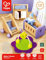 Hape babyværelse - trædukkeværelsessæt, babydukkemøbler, tilbehør til småbørn dukkehus, miniature babyværelse med gynge og tilbehør, 3 år gammelt rollespil
