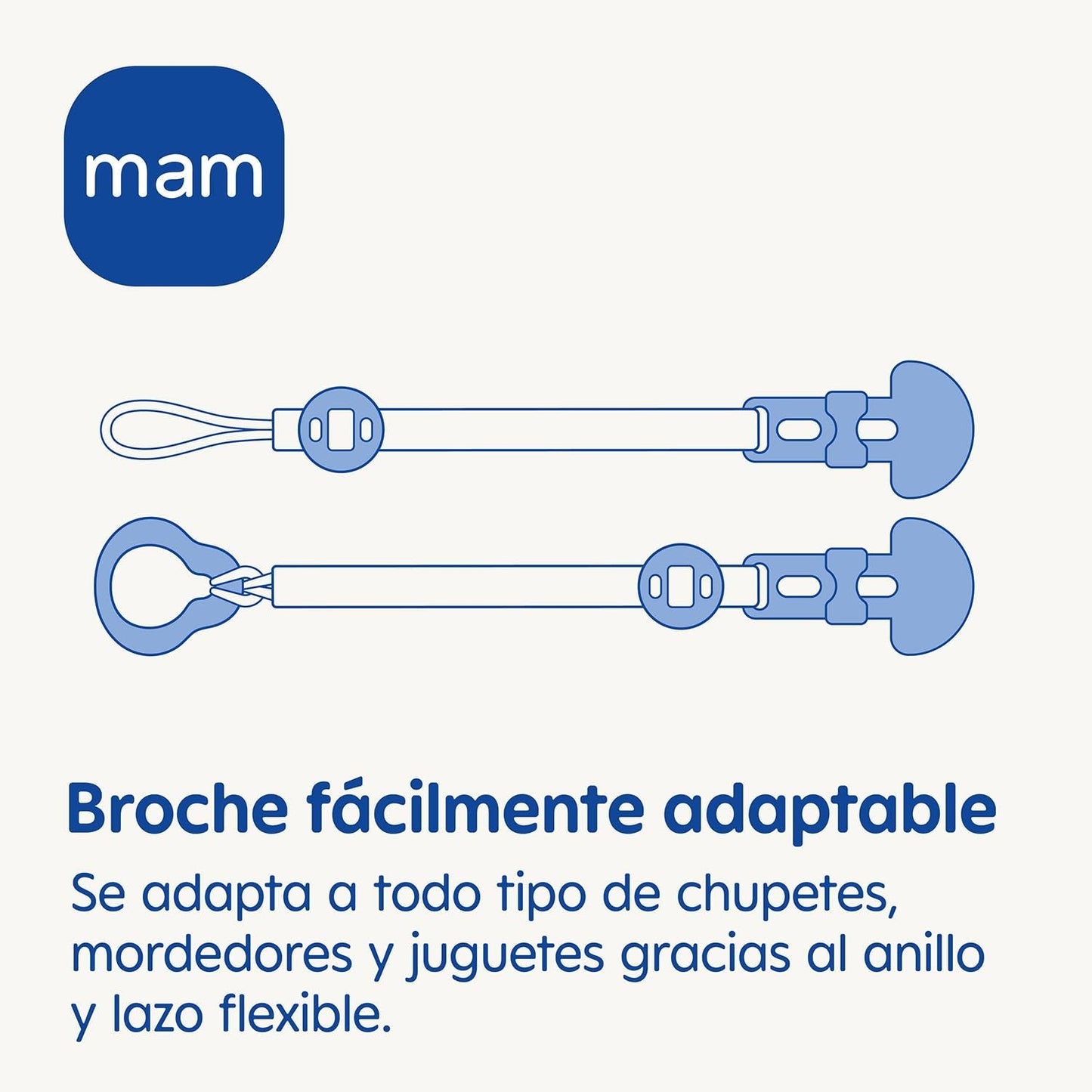 MAM sut, velegnet til alle typer sutter, bidere og legetøj, justerbar længde, inklusive pattebetræk, vaskbar, blå, 1 stk.