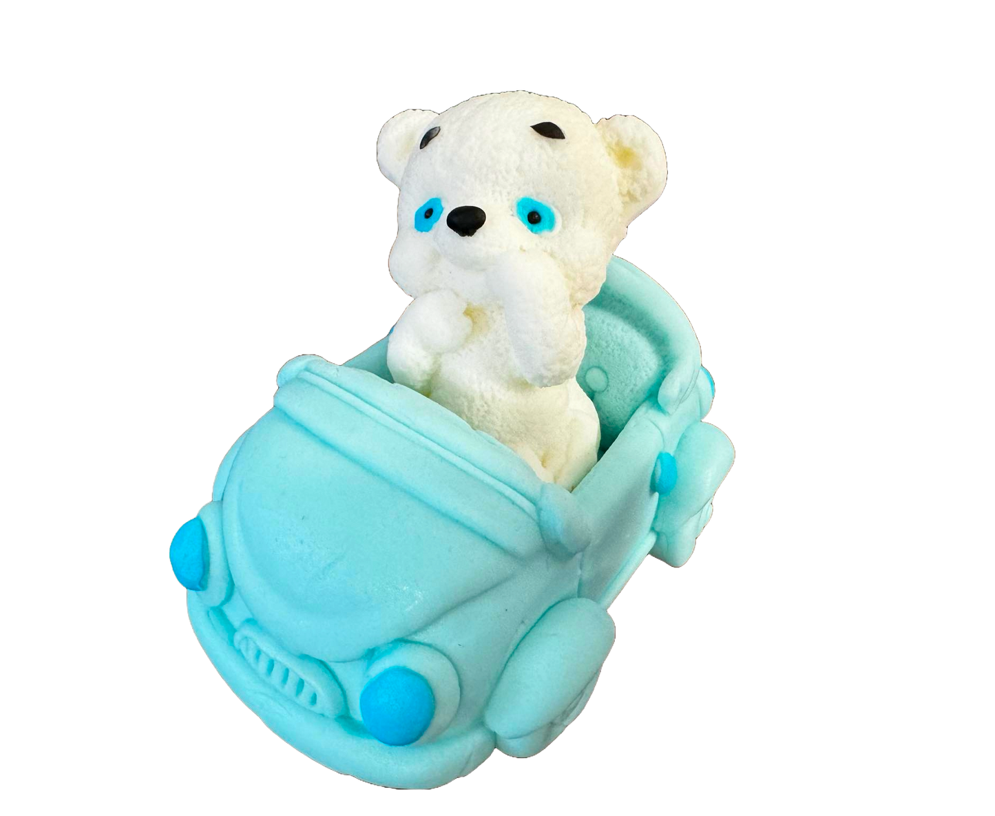 Spiselig dekoration fra sukkerpasta, Hvid bjørn med blå bil Dekorationer fra Sugar Paste Naty Shop