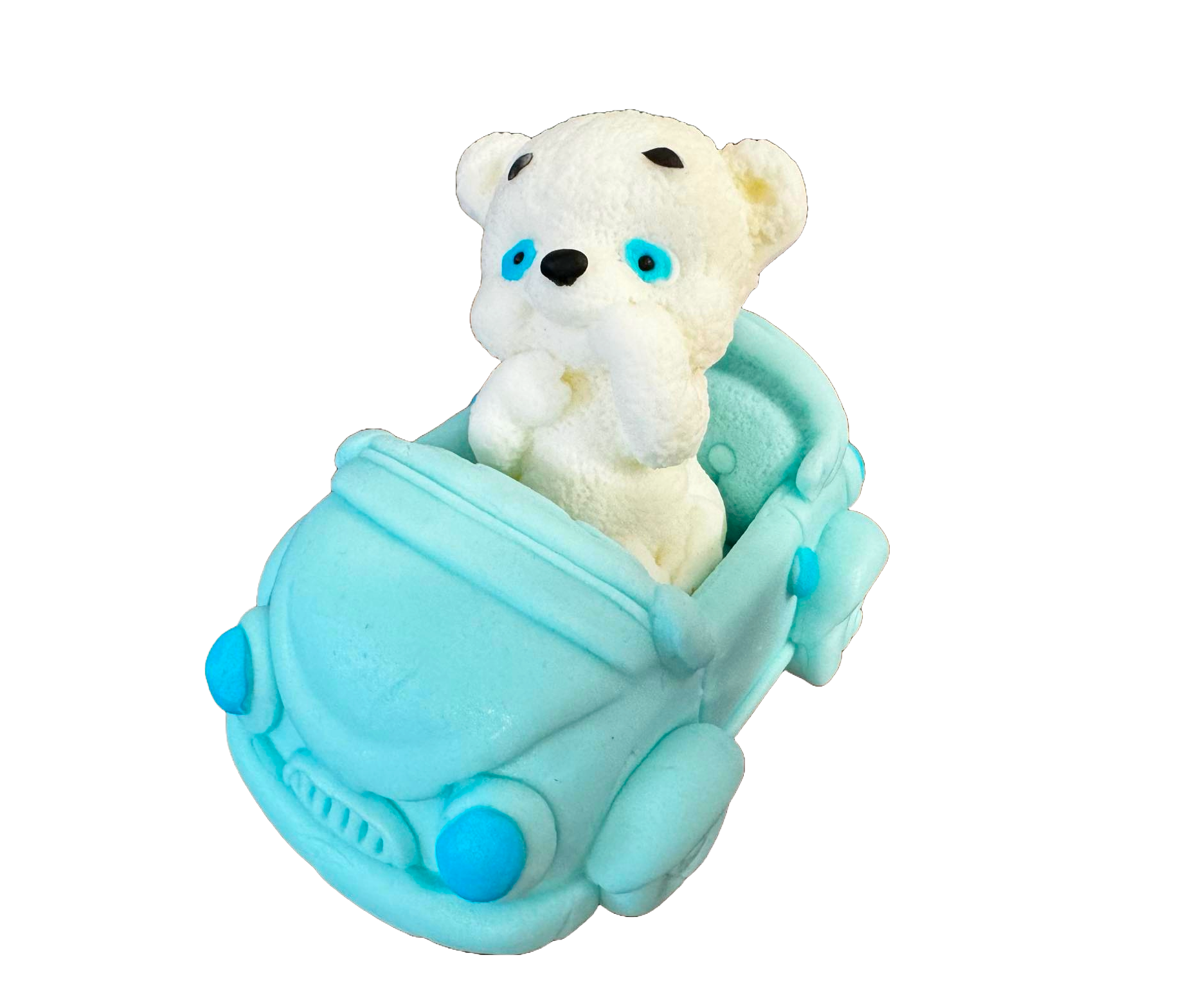 Spiselig dekoration fra sukkerpasta, Hvid bjørn med blå bil Dekorationer fra Sugar Paste Naty Shop