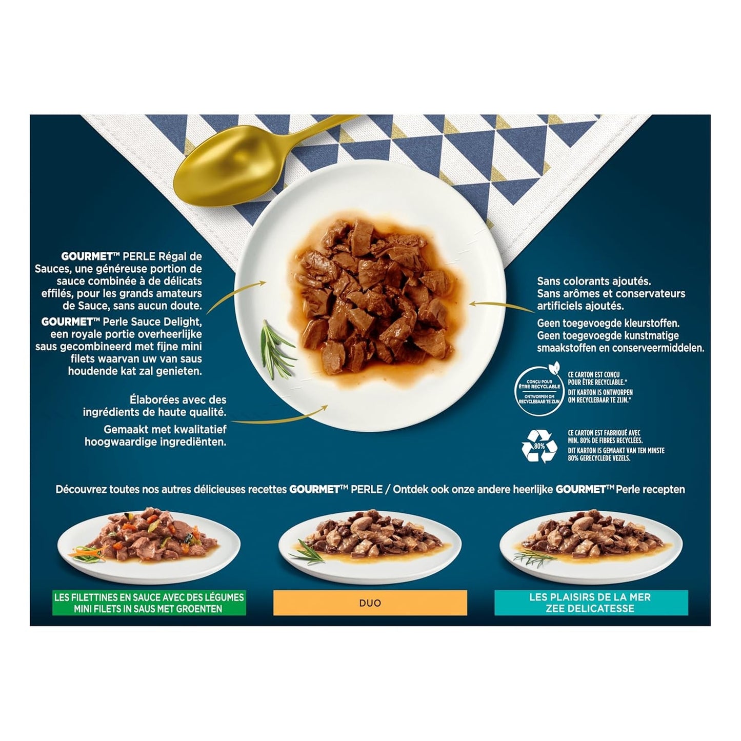 Perle | Sauceholder | Voksen kat | Oksekød, kylling, tun, laks | 12 x 85g | Friskhedsposer (emballagen kan variere)