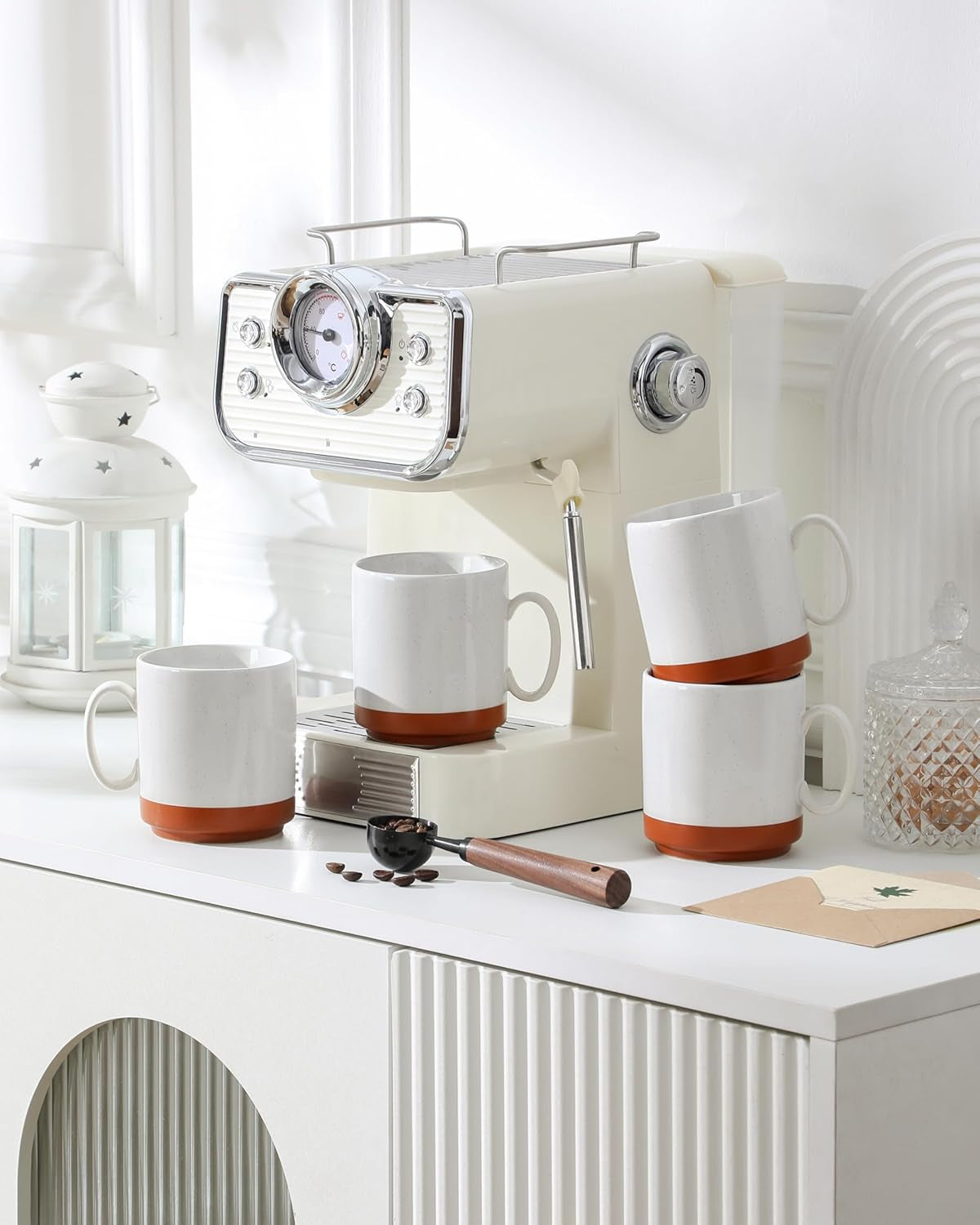 MALACASA kaffekrussæt, 350 ml krussæt i stentøj til 4 personer, moderne kaffekrus til te, juice, latte, cappuccino, varm chokolade. Tåler opvaskemaskine og mikroovn, TARA-serien, khaki hvid