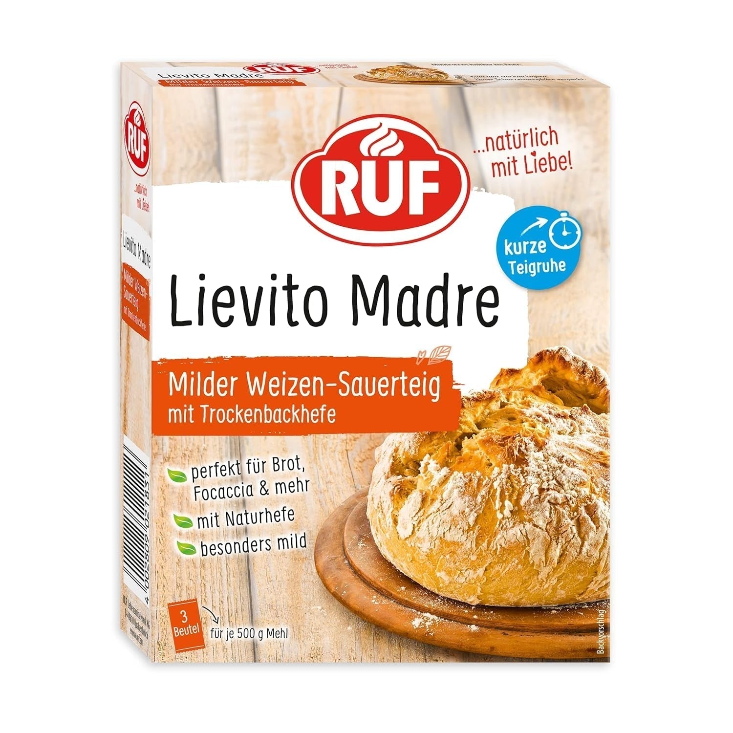 RUF Lievito Madre Sauerteig, Milder Weizen-Sauerteig, Mutterteig, Kurze Teigruhe Durch Enthaltene Trockenhefe, Lievito Madre Getrocknet Für Brot, Baguette, Focaccia, 3X35G Blanding til bagning og madlavning Naty Shop 35 G (3Er Pack) Kurze Teigruhe
