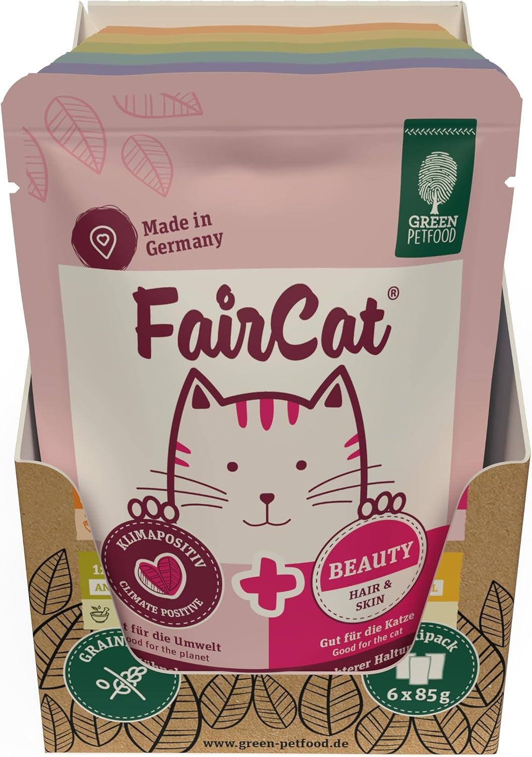 Green Petfood FairCat Multipack (6 x 85 g) | Voksen | Premium vådfoder til udvoksede katte 6 verschiedenen leckere Sorten im Multipack | getreidefrei | Katzenfutter nass | 6 pakke