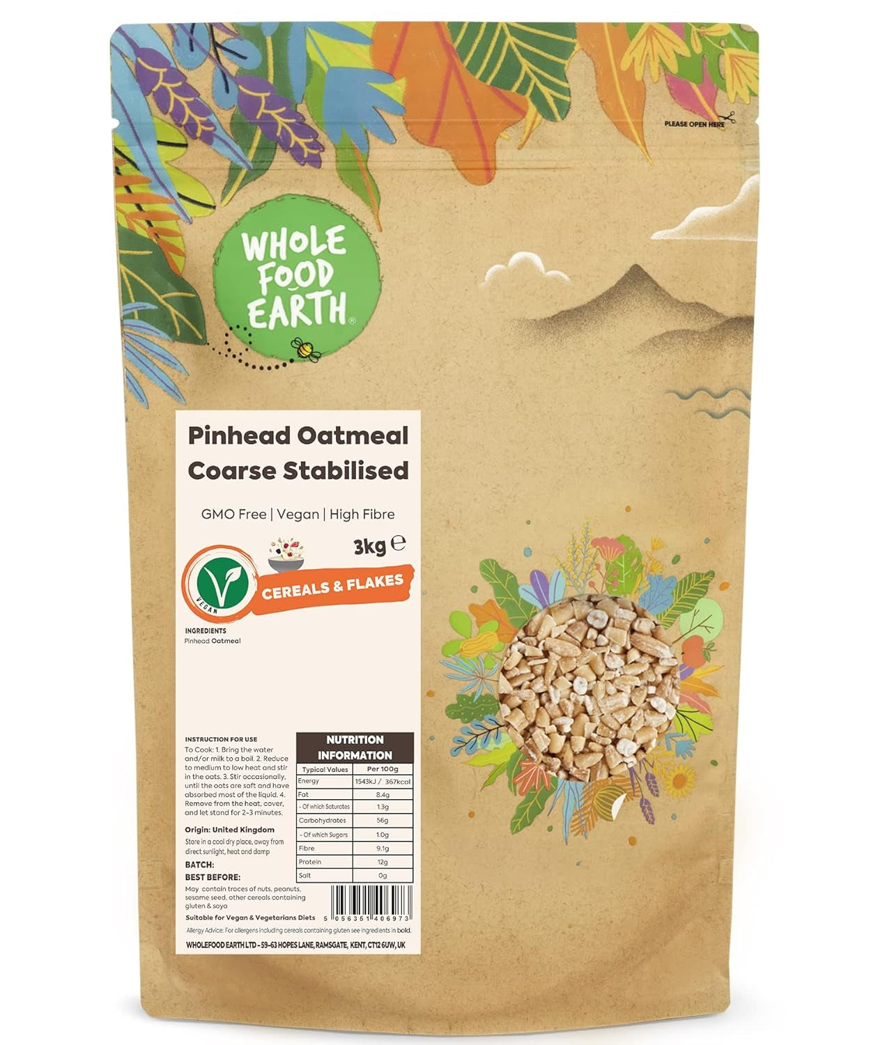 Wholefood Earth Pinhead Havregryn Groft stabiliseret 3kg | Ikke-GMO | Rig på fibre