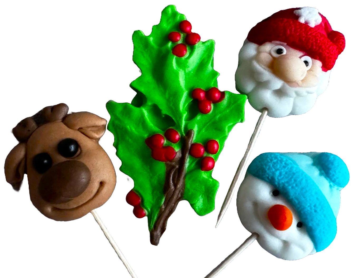 Sæt med 4 spiselige sukkerpastapynt, juletopper, rensdyr, snemand, træ og julemand Sukkerpastapynt Naty Shop
