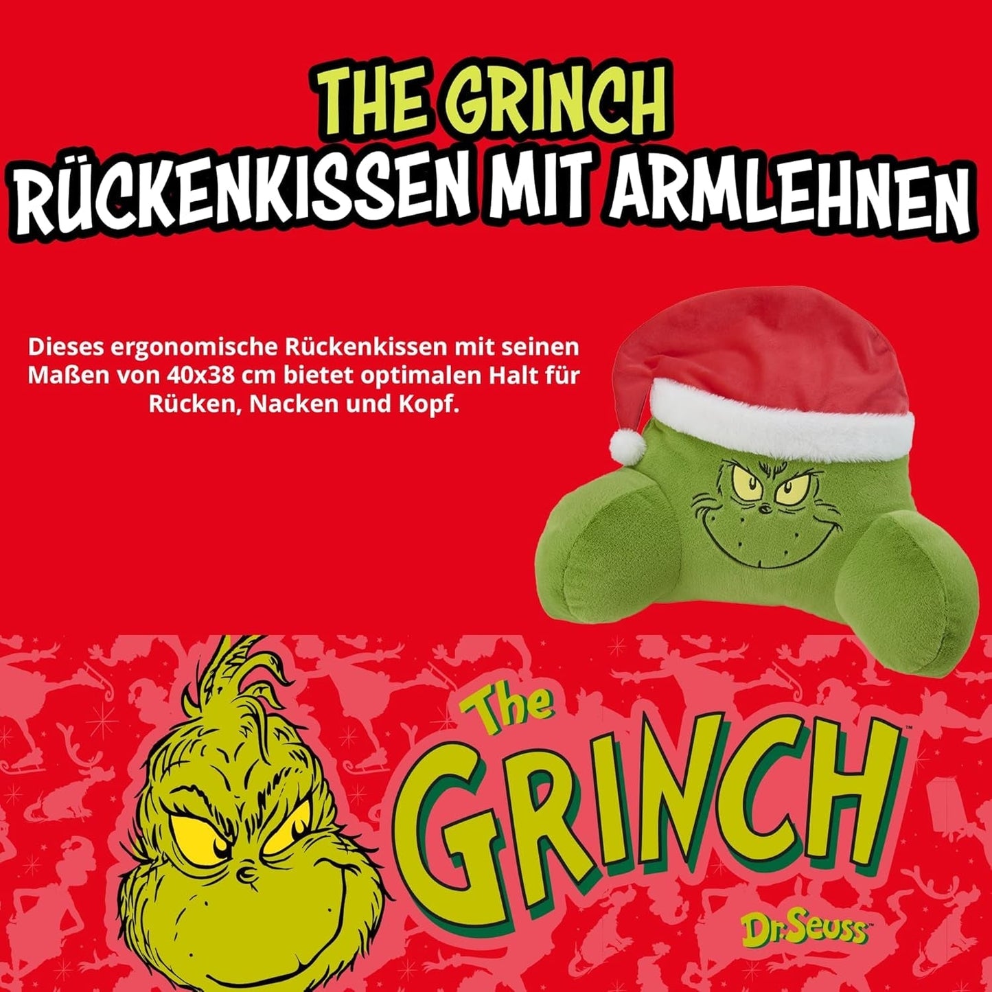 Grinchpude - Rygpude til seng og sofa, rygstøtte med armlæn, læsepude til ryg, nakke og hoved, grøn, 40 x 38 cm