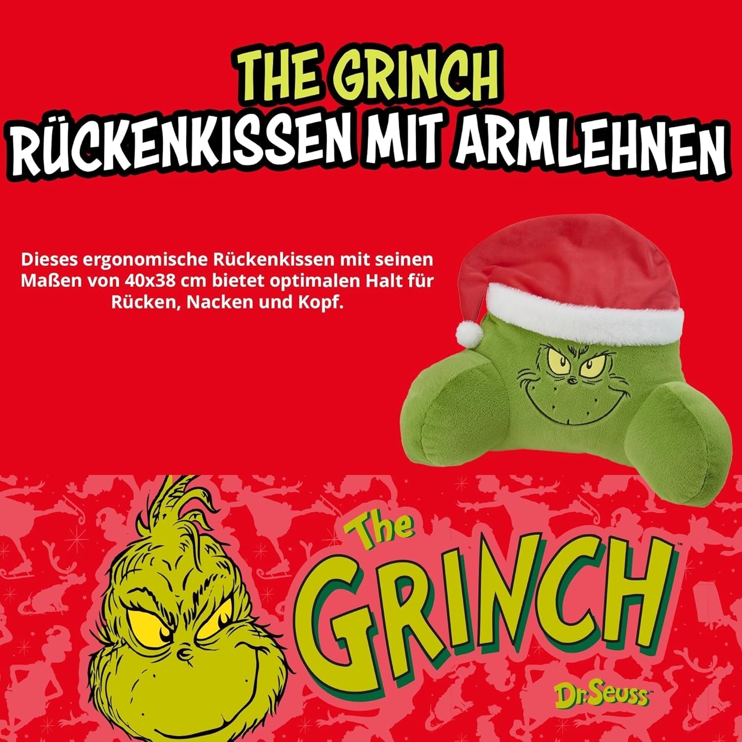 Grinchpude - Rygpude til seng og sofa, rygstøtte med armlæn, læsepude til ryg, nakke og hoved, grøn, 40 x 38 cm