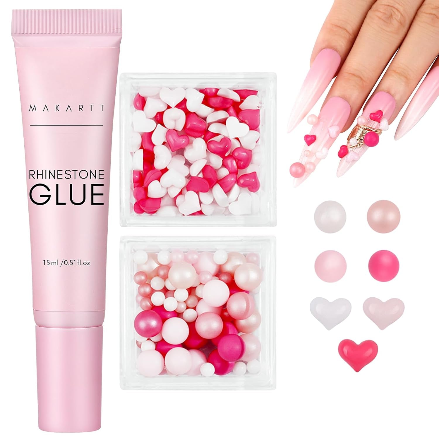 Makartt Rhinestone selvklæbende gel - 15 ml UV-neglelimsæt med lyserøde negle charms Hjertecirkel neglesmykker og negledesigntilbehør til hjemmemanicure Valentinsdagsgave