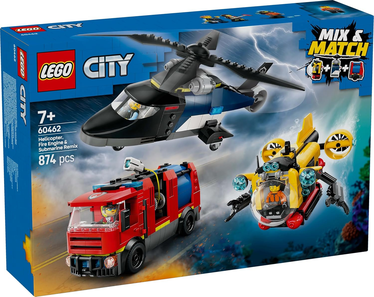 LEGO City kombisæt med helikopter, løvebil og ubåd og 3 minifigurer - Bygbare legetøjskøretøjer til drenge og piger fra 7 år - Fødselsdags- og feriegave 60462 Byggesæt Besuche den LEGO-Store