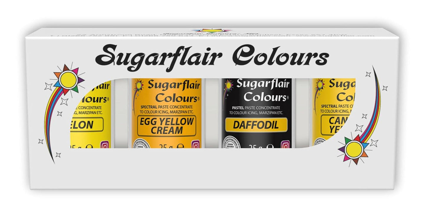 Sugarflair Pasta Madfarve Gul Sæt med 4 Pasta Mad Farve Fondant Marcipan Sugar Pasta Smørcreme og mere: Påskelilje Canary Yellow Creme Æg Melon Sæt med 4