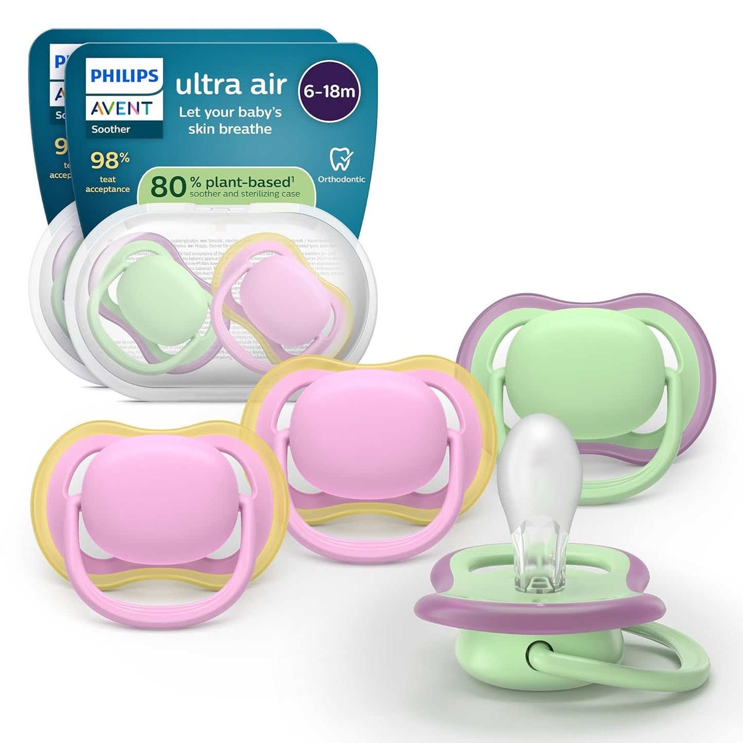 Philips AVENT ultraluftsutter - pakke med 4 BPA-fri, åndbare sutter til babyer 6-18 måneder, inklusive bæretaske og sterilisering, skildpadde/hvalmønster (model SCF085/66)