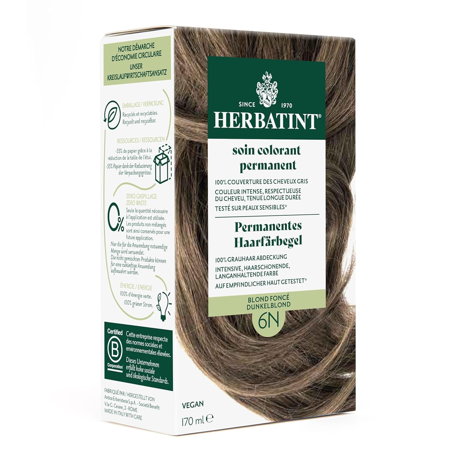 Permanent hårfarvegel 6N mørkeblond - 170 ml I Ammoniakfri, 100% dækning af gråt hår I Testet på følsom hud, med 8 planteekstrakter Hårfarve Naty Shop 6N Mørkeblond