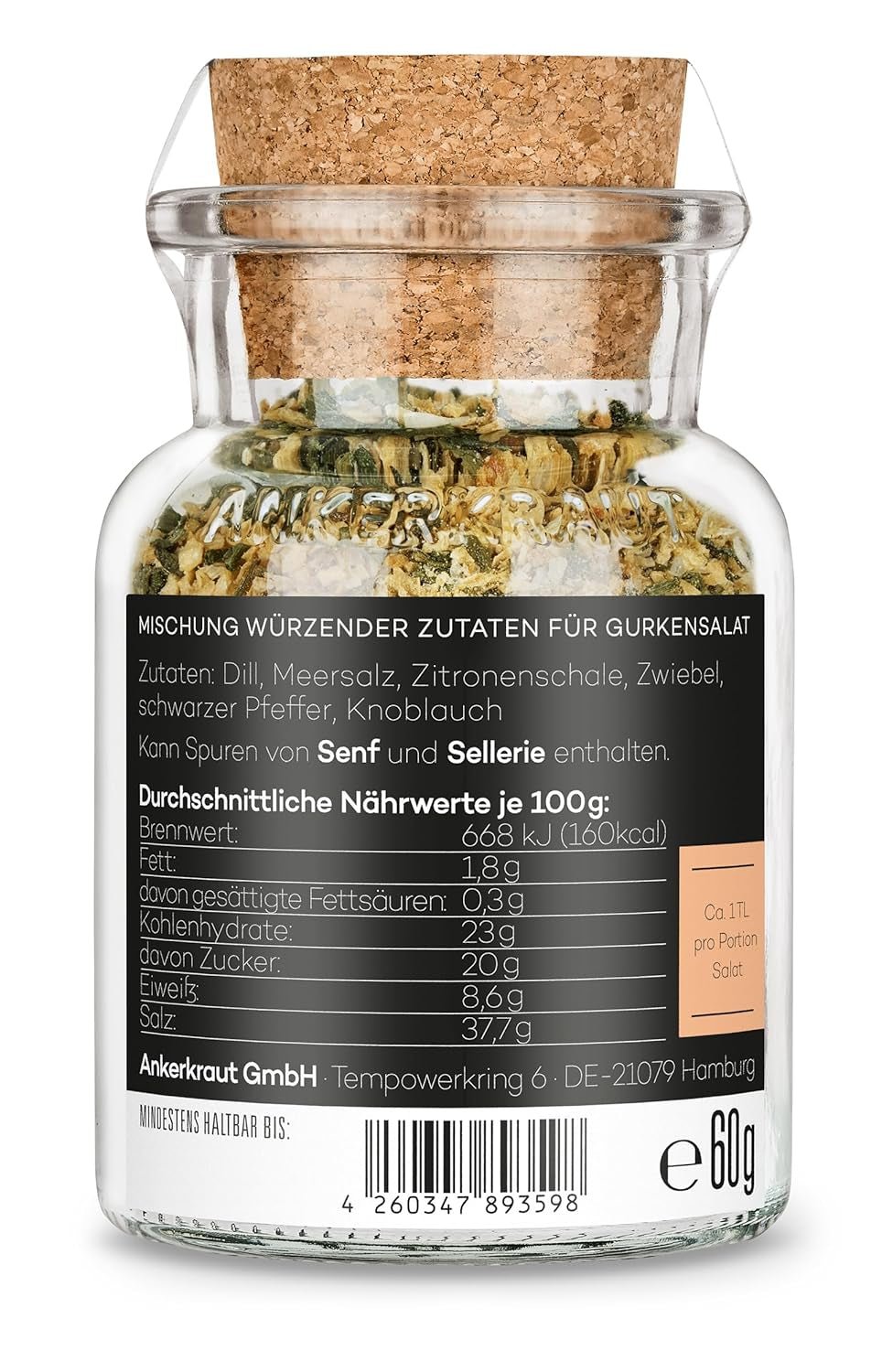 Ankerkraut Gurkensalat, 60 g i et korkglas, Würze Gherken-Salat Ganz Einfach, Zuckerfrei og Ohne Gesmackverstärker, Mischung würzender Ingrediens für Salat