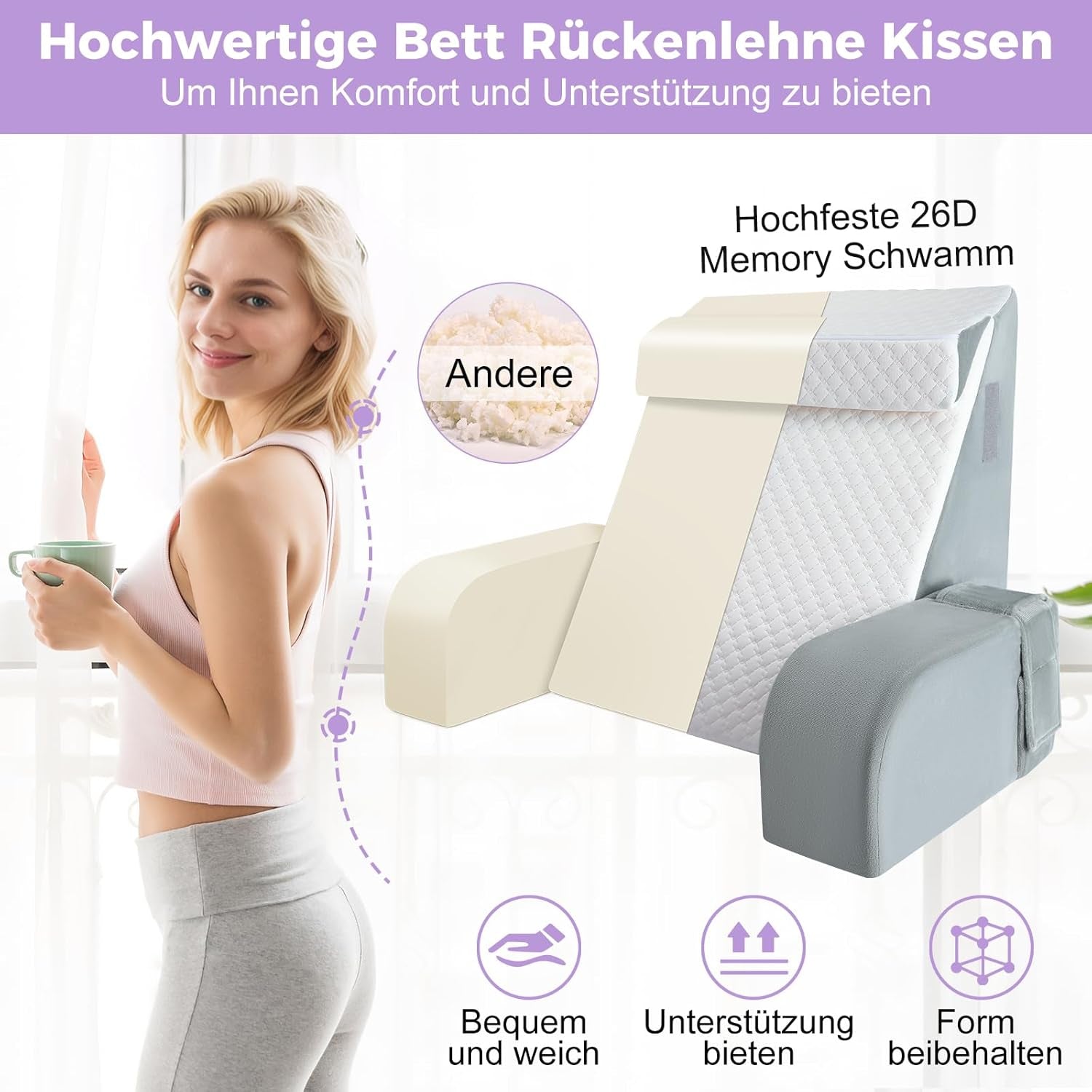 Stor læsepude med håndtag, skum med høj densitet, ergonomisk rygpude, armlæn, nakkestøtte og nakkestøtte, tilbagelænet sædepude til at sove, lege, se tv, til seng og sofa