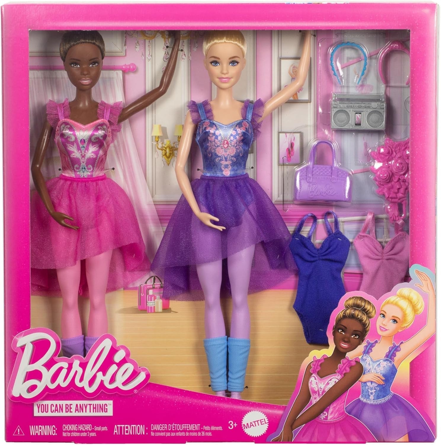 Barbie Ballettstudio Set med 2 Puppe og 9 tilbehør, blonde og brunette Ballerina-modepupper med aussietzem Outfit og til Tanzmotto passeret Teilen, HXC37, [Multicolor]