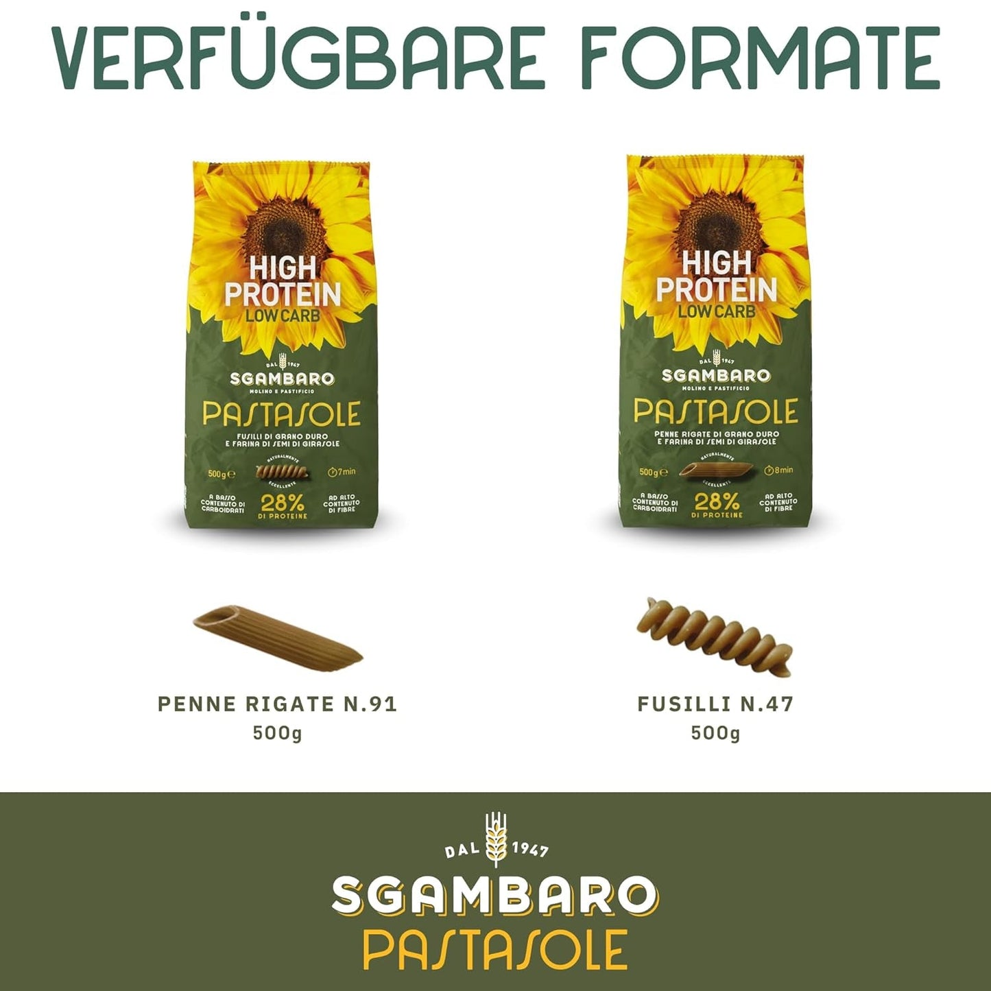 PASTASOLE , Penne Rigate mit Hartweizengrieß aus 100% italienischem Anbau und Sonnenblumenkernmehl - 500g - High Protein, Low Carb, Hoher Ballaststoffgehalt