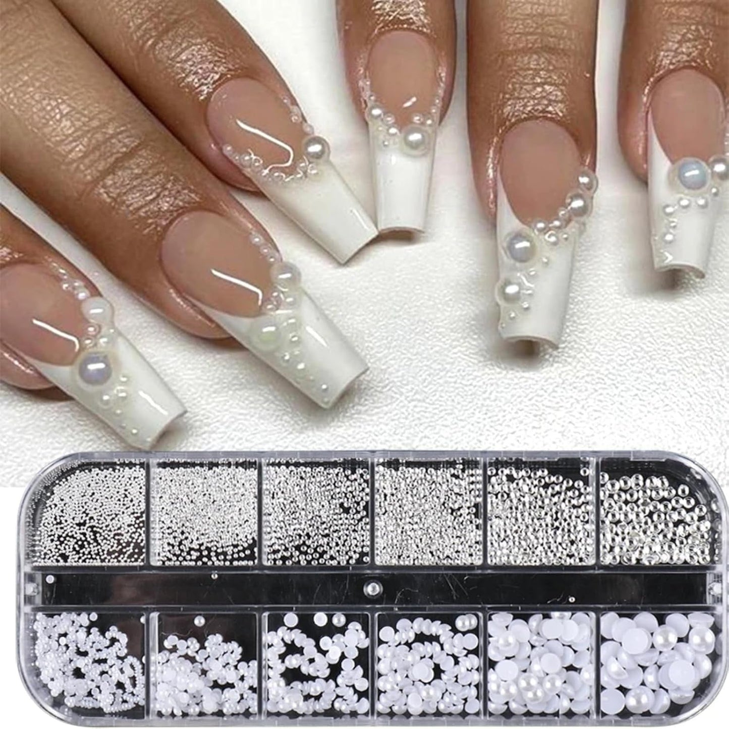 GZSY Nail Art Strasssteine ​​Nagel Perlen Weiß 12Raster Nagel Charms Nageldesign Tilbehør Perle Nail Art